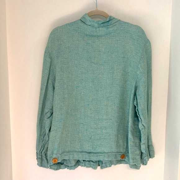 Flax linen zip-front summer jacket in turquoise, sz L - Picture 3 of 3